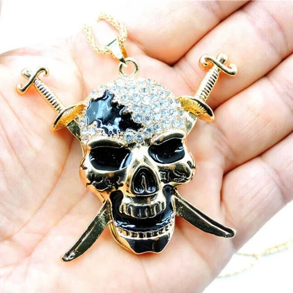 Enamel Crystal Skull Head With Daggers, Nuts, Bolts Chain Necklace- Halloween - Picture 2 of 7